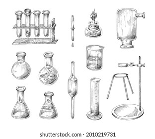 Chemistry science laboratory experiment set in retro sketch style vector lineart illustration, isolated. Ancient collection of chemical lab contains glassware, alcohol burner, stands.