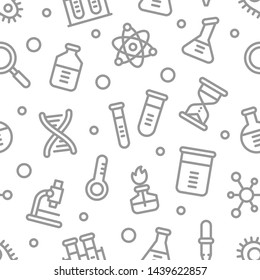 Chemistry science laboratory outline vector seamless pattern. Pharmacy and chemistry, education and science elements and equipment