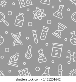 Chemistry science laboratory outline vector seamless pattern on grey background. Pharmacy and chemistry, education and science elements and equipment