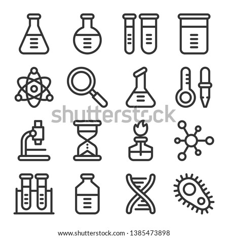 Chemistry science laboratory outline vector icon set. Pharmacy and chemistry, education and science elements and equipment
