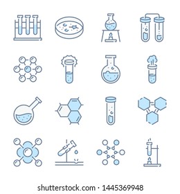 Chemistry, Science and Laboratory related blue line colored icons.