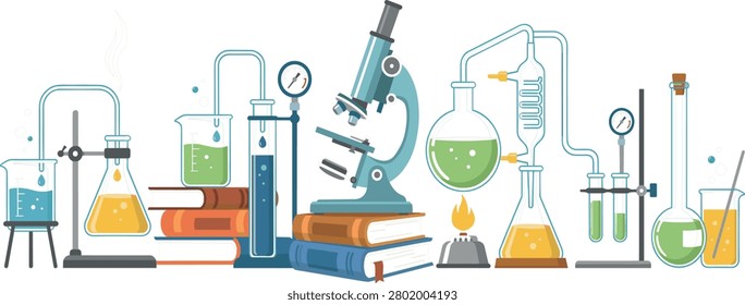 Chemistry Science Laboratory Research Vector Illustration Featuring Microscope Glass Beakers Boiling Flasks Bunsen Burner And Interconnected Distillation Tubes.eps