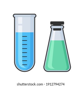 Chemistry science laboratory test glass tube and flask vector icon set. Pharmacy and chemistry, education and science equipment