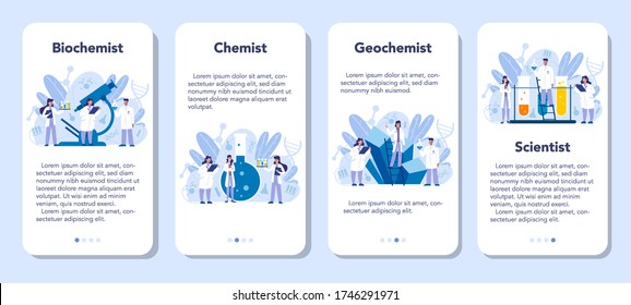 Chemistry science mobile application banner set. Scientific experiment in the laboratory. Science equipment, chemical research. Biochemistry and geochemistry, Isolated vector illustration