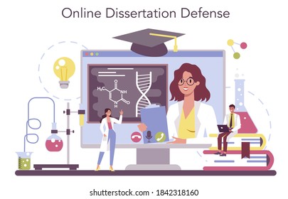 Chemistry science online service or platform set. Scientific experiment in the laboratory. Chemical research. Online dessertation defense. Isolated vector illustration