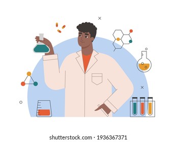 Chemistry Science, Pharmacy Concept. African American Male Scientist In Uniform Working In A Chemical Lab. Scientific Research And Innovation. Isolated Flat Vector Illustration