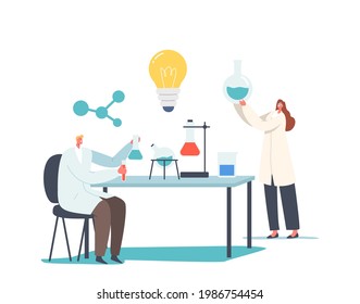 Chemistry Science Research and Development Concept. Scientists Characters in Chemical Laboratory with Equipment and Flasks. Pharmaceutical Investigation in Lab. Cartoon People Vector Illustration