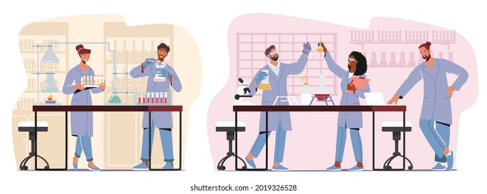 Chemistry Science Research and Development Concept. Scientists Characters in Chemical Laboratory with Equipment and Flasks. Pharmaceutical Investigation in Lab. Cartoon People Vector Illustration