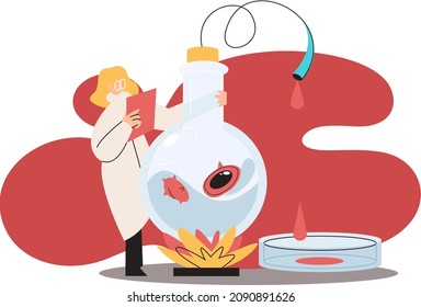 Chemistry science research and development. Female scientist in chemical laboratory with equipment and flasks. Pharmaceutical investigation in lab. Drug testing process, medicine against viruses