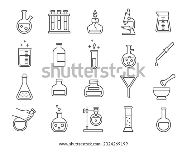 Chemistry or science research laboratory equipment\
line icons. Pharmacy lab glassware, beakers, test tube and flasks\
pictograms vector set. Illustration of glass lab beaker, glassware\
and medical icon
