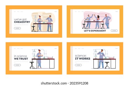 Chemistry Science Research Landing Page Template. Scientists Characters in Chemical Laboratory with Equipment and Flasks. Pharmaceutical Investigation in Lab. Cartoon People Vector Illustration
