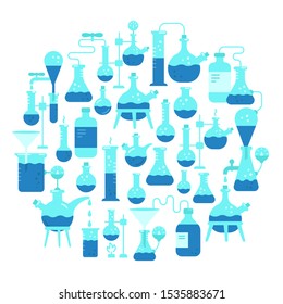 Chemistry science round background. Flask test tube beaker chemicals kit. Diagnostic test analysis laboratory research equipment. Flat blue circle illustration.