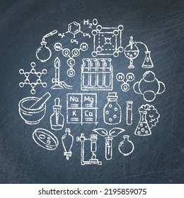 Chemistry science round poster on blackboard. Banner with chemical symbols. Vector illustration.