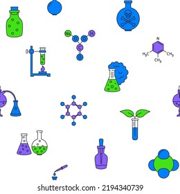 Chemistry science seamless pattern in colored line style. Background with chemical symbols. Vector illustration.