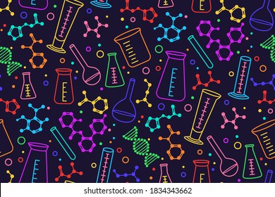 Chemistry science seamless pattern. Flask, beaker and structure chemical atom. Doodle laboratory equipment. DNA molecule, Erlenmeyer flask, distilling, tube. Cell protein dark background