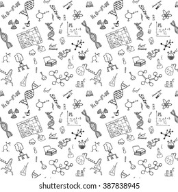 Chemistry And Science Seamless Pattern With Sketch Elements Hand Drawn Doodles Background Vector Illustration.