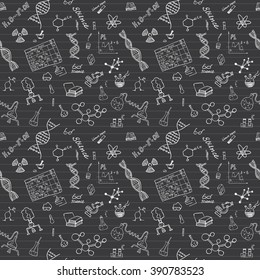 Chemistry and science seamless pattern with sketch elements Hand Drawn Doodles background Vector Illustration.