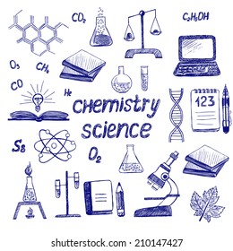 Chemistry. Science. Set Sketchy doodles with Lettering and Hand Drawing school items. Vector Illustration Design Elements