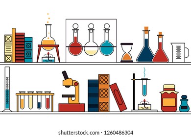 chemistry, science. shelf with solutions, flasks and books. vector color illustration.