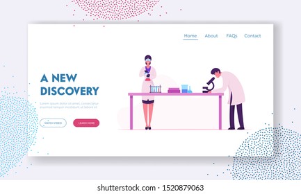 Chemistry Science Staff at Work Website Landing Page. Scientists Conducting Scientific Experiment in Science Laboratory with Microscope and Flasks Web Page Banner. Cartoon Flat Vector Illustration