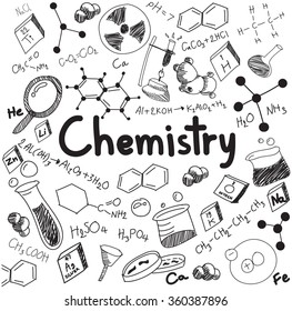 Chemistry Science Theory And Bonding Formula Equation, Doodle Handwriting And Tool Model Icon In White Isolated Background Paper Used For School Education And Document Decoration, Create By Vector