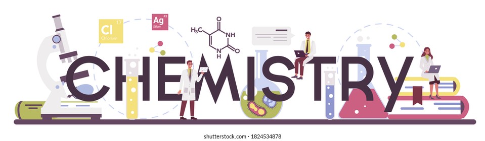 Chemistry science typographic header. Scientific experiment in the laboratory. Science equipment, chemical research. Isolated vector illustration in flat style - Shutterstock ID 1824534878