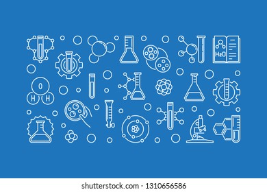 Chemistry and Science vector concept horizontal banner or illustration in outline style on blue background