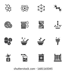 Chemistry science vector icons set, modern solid symbol collection, filled style pictogram pack. Signs, logo illustration. Set includes icons as chemical formula, dna molecule, virus, lab test tube