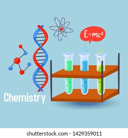 Chemistry science vector illustration. Design elements of chemical flask beakers, DNA molecules, atoms, chemic formula for infographic or poster.