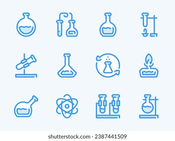 Chemistry and Science vector line icons. Laboratory and Chemical Research outline icon set. Flask, Beaker, Molecule, Burner, Atom, Equipment, Distillation and more.