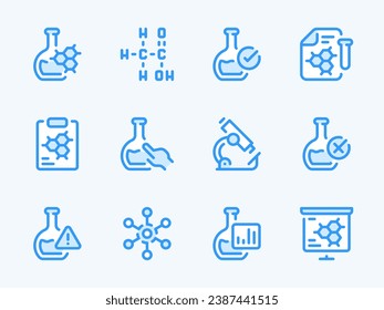 Chemistry and Science vector line icons. Laboratory and Chemical Research outline icon set. Formula, Microscope, Flask, Molecule, Experiment, Equipment, Scientific Research and more.