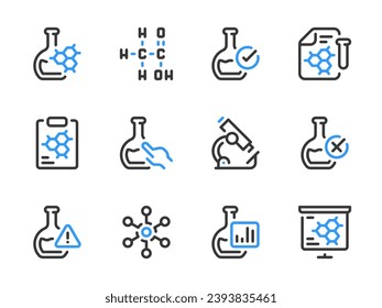 Chemie und Wissenschaft Vektorgrafiken. Laborgeräte und Chemische Forschung Umrisssymbol gesetzt.