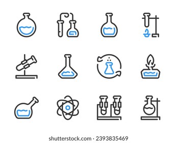 Chemie und Wissenschaft Vektorgrafiken. Laborgeräte und Chemische Forschung Umrisssymbol gesetzt.