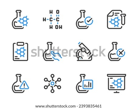 Chemistry and Science vector line icons. Laboratory equipment and Chemical research outline icon set.