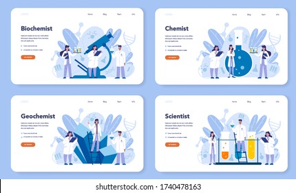 Chemistry science web banner or landing page set. Scientific experiment in the laboratory. Science equipment, chemical research. Biochemistry and geochemistry, Isolated vector illustration