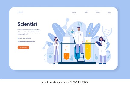 Chemistry science web banner or landing page. Scientific experiment in the laboratory. Science equipment, chemical research. Biochemistry and geochemistry, Isolated vector illustration