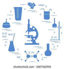 Chemistry scientific, education elements: microscope, flasks, tripod, formulas, beaker, burner, amoeba, measuring cup. Design for banner, poster or print.