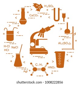 Chemistry scientific, education elements: microscope, flasks, tripod, formulas, beaker, amoeba, measuring cup, funnel, U-shaped tube. Design for banner, poster or print.