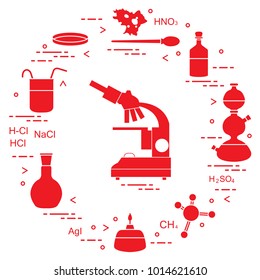 Chemistry scientific, education elements: microscope, Petri dish, dropper, flasks, camera Kippa, formulas, beaker, burner, amoeba. Design for banner, poster or print.
