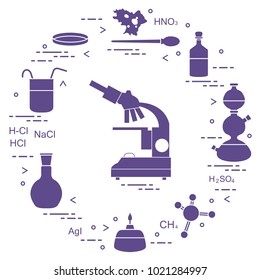 Chemistry scientific, education elements: microscope, Petri dish, dropper, flasks, camera Kippa, formulas, beaker, burner, amoeba. Design for banner, poster or print.