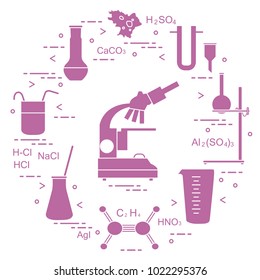 Chemistry scientific, education elements: microscope, flasks, tripod, formulas, beaker, amoeba, measuring cup, funnel, U-shaped tube. Design for banner, poster or print.