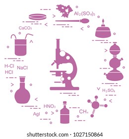 Chemistry scientific, education elements: microscope, Petri dish, dropper, flasks, camera Kippa, formulas, beaker, burner, amoeba. Design for banner, poster or print.
