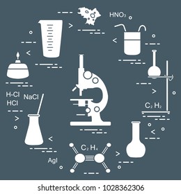 Chemistry scientific, education elements: microscope, flasks, tripod, formulas, beaker, burner, amoeba, measuring cup. Design for banner, poster or print.