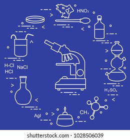 Chemistry scientific, education elements: microscope, Petri dish, dropper, flasks, camera Kippa, formulas, beaker, burner, amoeba. Design for banner, poster or print.