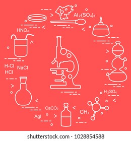 Chemistry scientific, education elements: microscope, Petri dish, dropper, flasks, camera Kippa, formulas, beaker, burner, amoeba. Design for banner, poster or print.