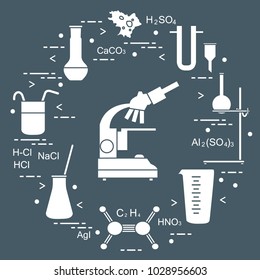Chemistry scientific, education elements: microscope, flasks, tripod, formulas, beaker, amoeba, measuring cup, funnel, U-shaped tube. Design for banner, poster or print.