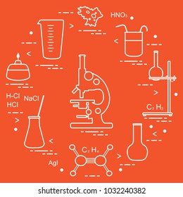 Chemistry scientific, education elements: microscope, flasks, tripod, formulas, beaker, burner, amoeba, measuring cup. Design for banner, poster or print.