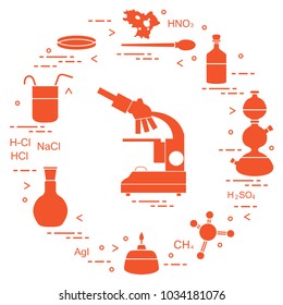 Chemistry scientific, education elements: microscope, Petri dish, dropper, flasks, camera Kippa, formulas, beaker, burner, amoeba. Design for banner, poster or print.