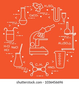 Chemistry scientific, education elements: microscope, flasks, tripod, formulas, beaker, amoeba, measuring cup, funnel, U-shaped tube. Design for banner, poster or print.