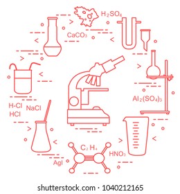 Chemistry scientific, education elements: microscope, flasks, tripod, formulas, beaker, amoeba, measuring cup, funnel, U-shaped tube. Design for banner, poster or print.